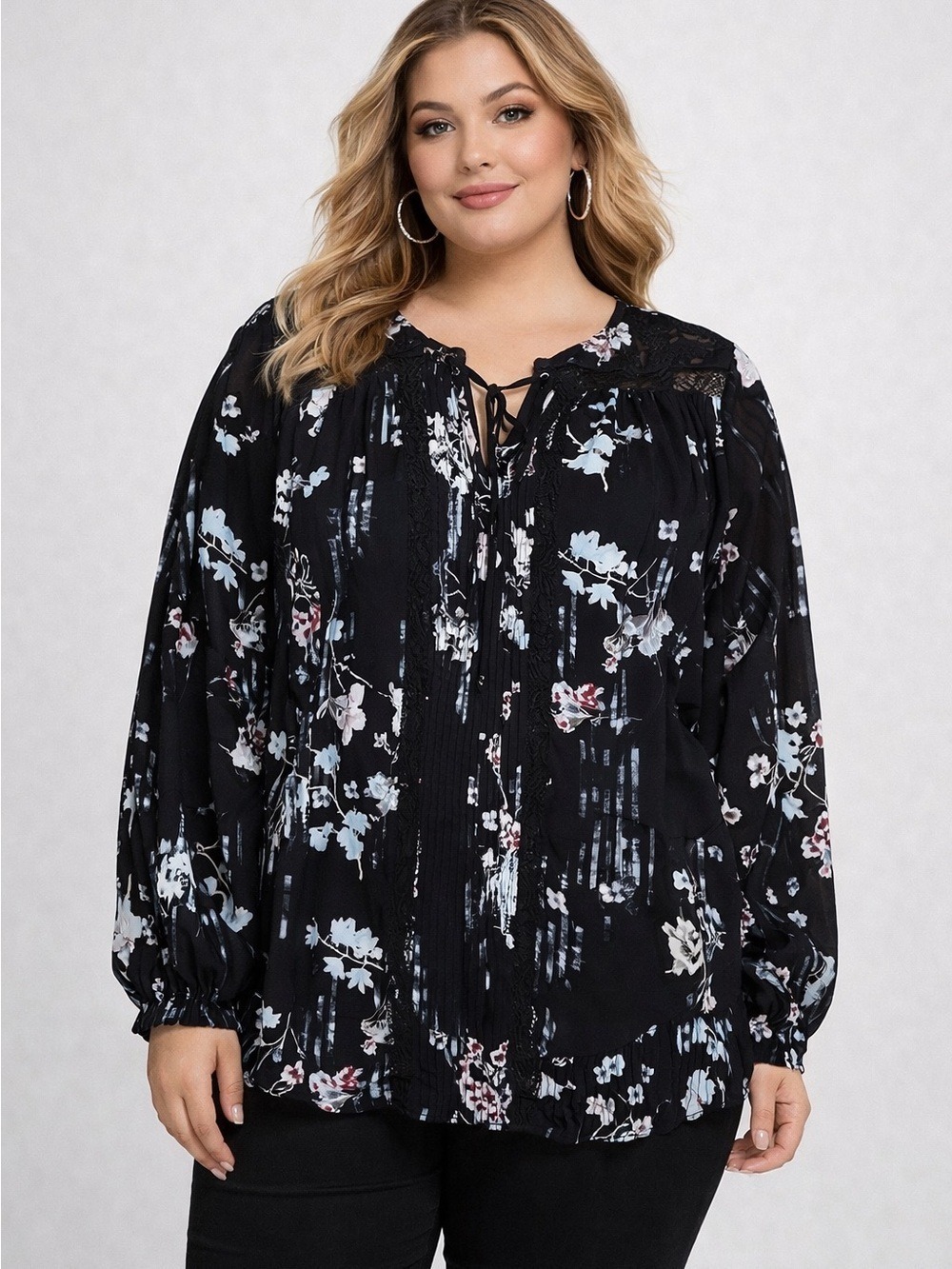 WHITE HOUSE BLACK MARKET Black White Floral Lace Blouse Size 14